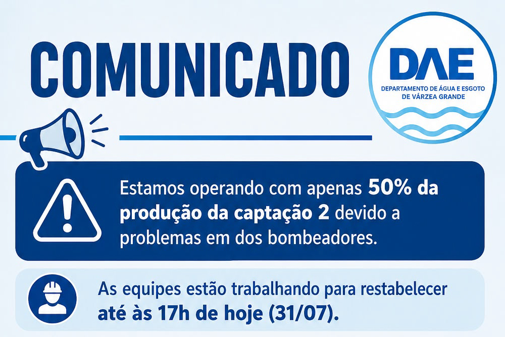 DAE OPERA COM 50% DA CAPTAÇÃO 2 APÓS PROBLEMAS EM BOMBEADOR E TRABALHA PARA NORMALIZAR ABASTECIMENTO
